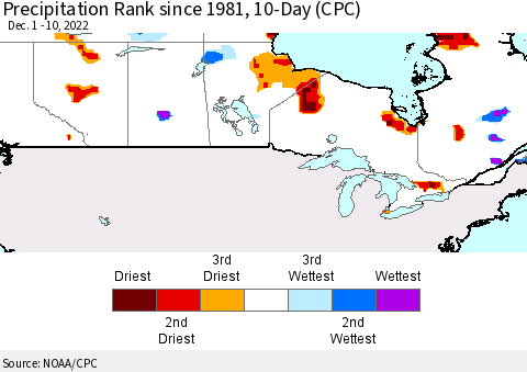 Canada Precipitation Rank since 1981, 10-Day (CPC) Thematic Map For 12/1/2022 - 12/10/2022