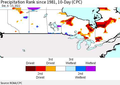 Canada Precipitation Rank since 1981, 10-Day (CPC) Thematic Map For 12/6/2022 - 12/15/2022