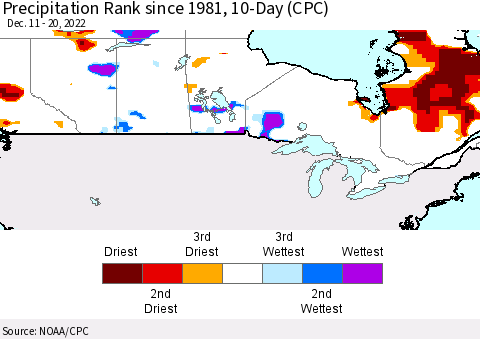 Canada Precipitation Rank since 1981, 10-Day (CPC) Thematic Map For 12/11/2022 - 12/20/2022