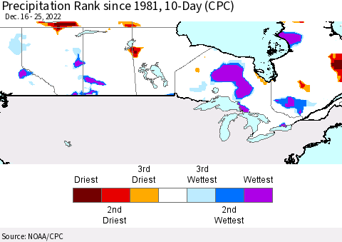 Canada Precipitation Rank since 1981, 10-Day (CPC) Thematic Map For 12/16/2022 - 12/25/2022