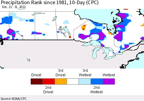 Canada Precipitation Rank since 1981, 10-Day (CPC) Thematic Map For 12/21/2022 - 12/31/2022