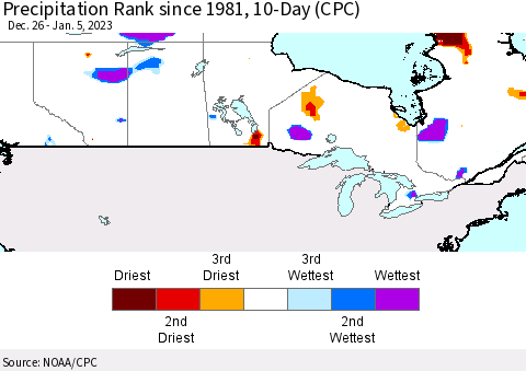 Canada Precipitation Rank since 1981, 10-Day (CPC) Thematic Map For 12/26/2022 - 1/5/2023