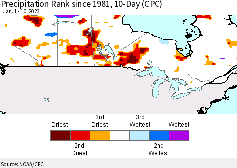 Canada Precipitation Rank since 1981, 10-Day (CPC) Thematic Map For 1/1/2023 - 1/10/2023