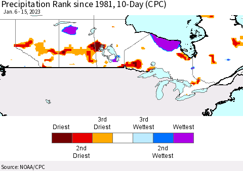 Canada Precipitation Rank since 1981, 10-Day (CPC) Thematic Map For 1/6/2023 - 1/15/2023