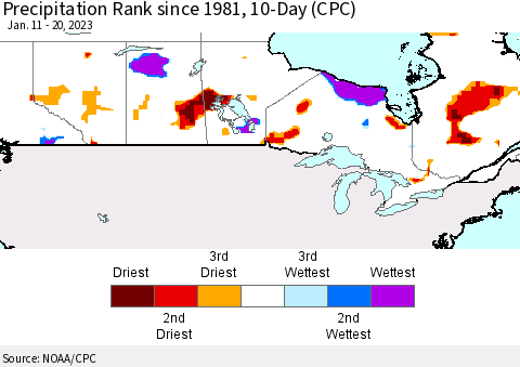 Canada Precipitation Rank since 1981, 10-Day (CPC) Thematic Map For 1/11/2023 - 1/20/2023