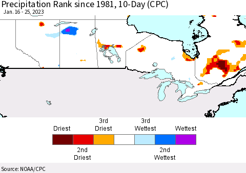 Canada Precipitation Rank since 1981, 10-Day (CPC) Thematic Map For 1/16/2023 - 1/25/2023