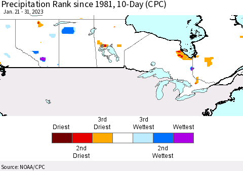 Canada Precipitation Rank since 1981, 10-Day (CPC) Thematic Map For 1/21/2023 - 1/31/2023
