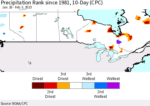 Canada Precipitation Rank since 1981, 10-Day (CPC) Thematic Map For 1/26/2023 - 2/5/2023
