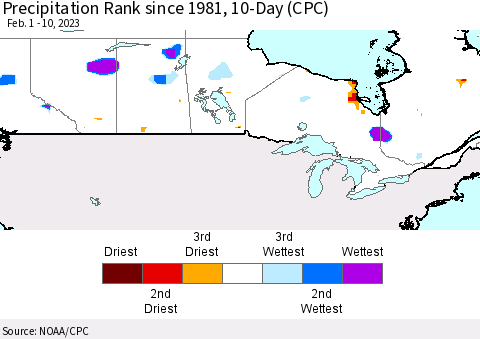 Canada Precipitation Rank since 1981, 10-Day (CPC) Thematic Map For 2/1/2023 - 2/10/2023