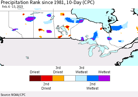 Canada Precipitation Rank since 1981, 10-Day (CPC) Thematic Map For 2/6/2023 - 2/15/2023
