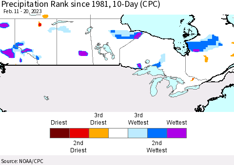 Canada Precipitation Rank since 1981, 10-Day (CPC) Thematic Map For 2/11/2023 - 2/20/2023