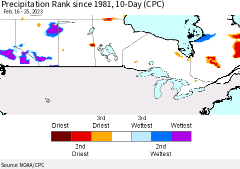 Canada Precipitation Rank since 1981, 10-Day (CPC) Thematic Map For 2/16/2023 - 2/25/2023