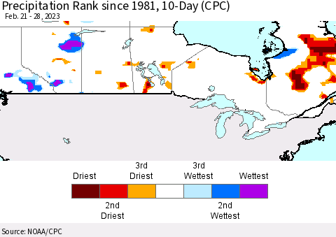 Canada Precipitation Rank since 1981, 10-Day (CPC) Thematic Map For 2/21/2023 - 2/28/2023