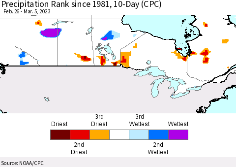 Canada Precipitation Rank since 1981, 10-Day (CPC) Thematic Map For 2/26/2023 - 3/5/2023