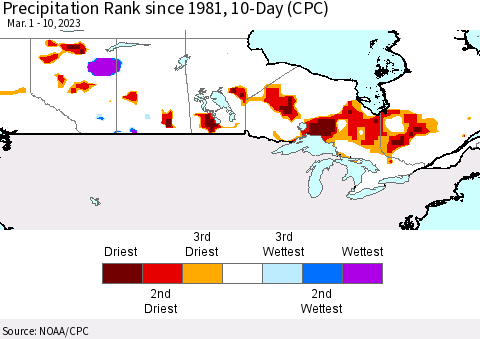 Canada Precipitation Rank since 1981, 10-Day (CPC) Thematic Map For 3/1/2023 - 3/10/2023