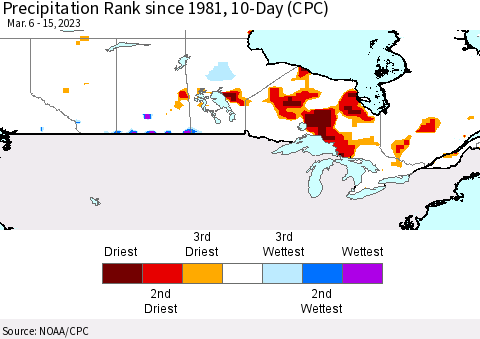 Canada Precipitation Rank since 1981, 10-Day (CPC) Thematic Map For 3/6/2023 - 3/15/2023