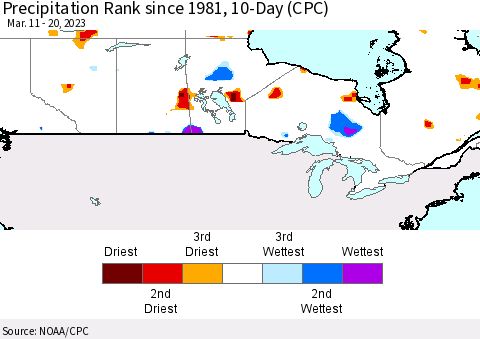 Canada Precipitation Rank since 1981, 10-Day (CPC) Thematic Map For 3/11/2023 - 3/20/2023