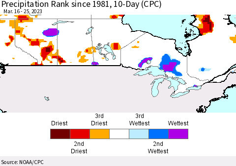 Canada Precipitation Rank since 1981, 10-Day (CPC) Thematic Map For 3/16/2023 - 3/25/2023