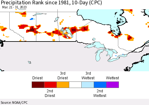 Canada Precipitation Rank since 1981, 10-Day (CPC) Thematic Map For 3/21/2023 - 3/31/2023