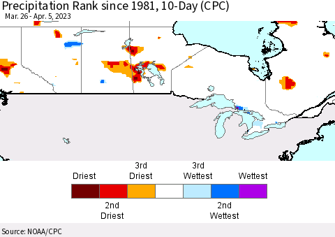 Canada Precipitation Rank since 1981, 10-Day (CPC) Thematic Map For 3/26/2023 - 4/5/2023