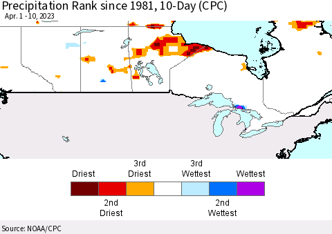 Canada Precipitation Rank since 1981, 10-Day (CPC) Thematic Map For 4/1/2023 - 4/10/2023