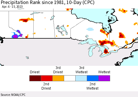 Canada Precipitation Rank since 1981, 10-Day (CPC) Thematic Map For 4/6/2023 - 4/15/2023