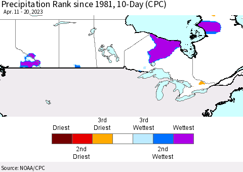 Canada Precipitation Rank since 1981, 10-Day (CPC) Thematic Map For 4/11/2023 - 4/20/2023
