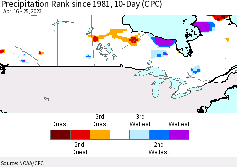 Canada Precipitation Rank since 1981, 10-Day (CPC) Thematic Map For 4/16/2023 - 4/25/2023