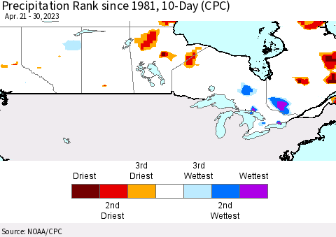 Canada Precipitation Rank since 1981, 10-Day (CPC) Thematic Map For 4/21/2023 - 4/30/2023