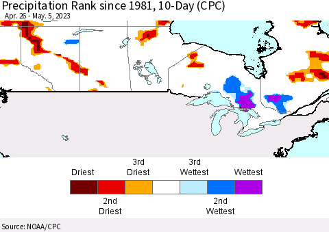 Canada Precipitation Rank since 1981, 10-Day (CPC) Thematic Map For 4/26/2023 - 5/5/2023