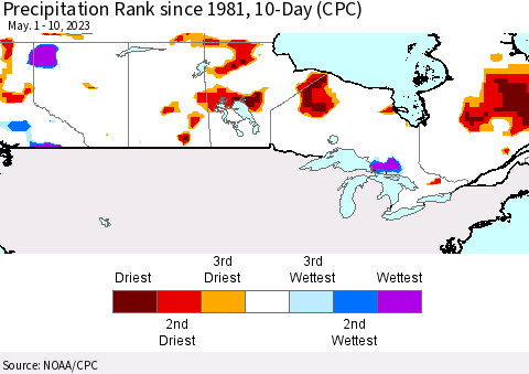 Canada Precipitation Rank since 1981, 10-Day (CPC) Thematic Map For 5/1/2023 - 5/10/2023