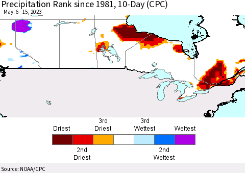 Canada Precipitation Rank since 1981, 10-Day (CPC) Thematic Map For 5/6/2023 - 5/15/2023