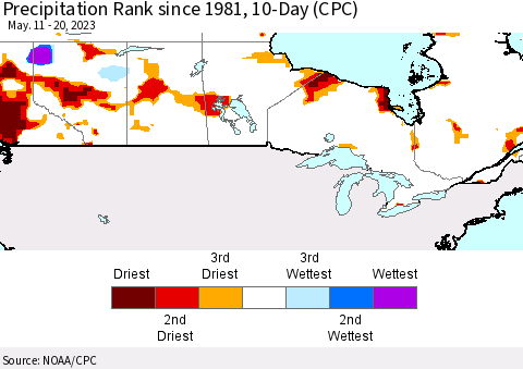 Canada Precipitation Rank since 1981, 10-Day (CPC) Thematic Map For 5/11/2023 - 5/20/2023