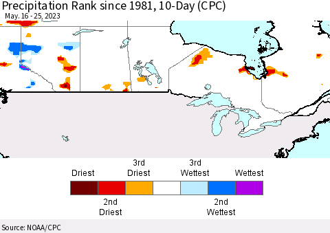 Canada Precipitation Rank since 1981, 10-Day (CPC) Thematic Map For 5/16/2023 - 5/25/2023