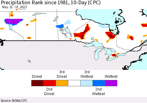Canada Precipitation Rank since 1981, 10-Day (CPC) Thematic Map For 5/21/2023 - 5/31/2023