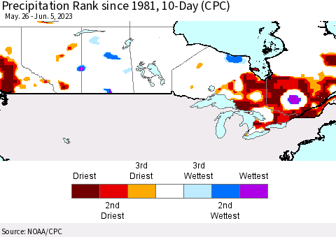 Canada Precipitation Rank since 1981, 10-Day (CPC) Thematic Map For 5/26/2023 - 6/5/2023