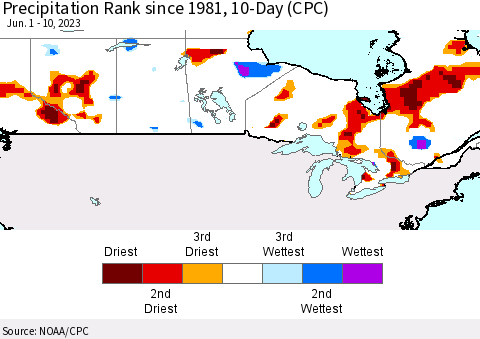 Canada Precipitation Rank since 1981, 10-Day (CPC) Thematic Map For 6/1/2023 - 6/10/2023