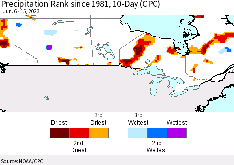 Canada Precipitation Rank since 1981, 10-Day (CPC) Thematic Map For 6/6/2023 - 6/15/2023