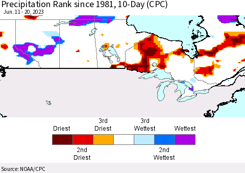 Canada Precipitation Rank since 1981, 10-Day (CPC) Thematic Map For 6/11/2023 - 6/20/2023