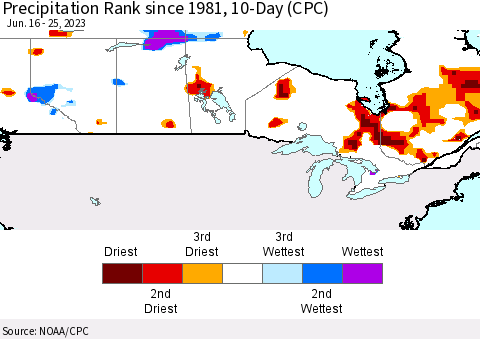 Canada Precipitation Rank since 1981, 10-Day (CPC) Thematic Map For 6/16/2023 - 6/25/2023