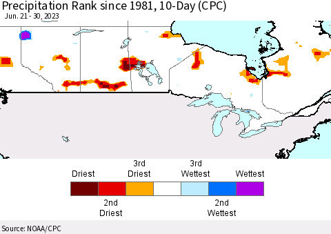 Canada Precipitation Rank since 1981, 10-Day (CPC) Thematic Map For 6/21/2023 - 6/30/2023