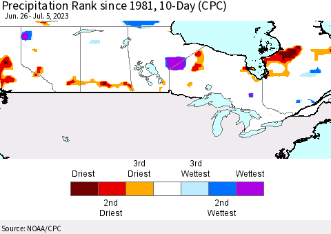 Canada Precipitation Rank since 1981, 10-Day (CPC) Thematic Map For 6/26/2023 - 7/5/2023