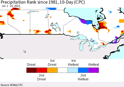 Canada Precipitation Rank since 1981, 10-Day (CPC) Thematic Map For 7/1/2023 - 7/10/2023