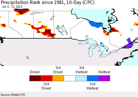 Canada Precipitation Rank since 1981, 10-Day (CPC) Thematic Map For 7/6/2023 - 7/15/2023