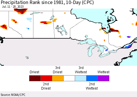 Canada Precipitation Rank since 1981, 10-Day (CPC) Thematic Map For 7/11/2023 - 7/20/2023