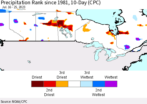 Canada Precipitation Rank since 1981, 10-Day (CPC) Thematic Map For 7/16/2023 - 7/25/2023
