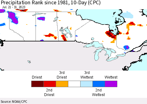 Canada Precipitation Rank since 1981, 10-Day (CPC) Thematic Map For 7/21/2023 - 7/31/2023