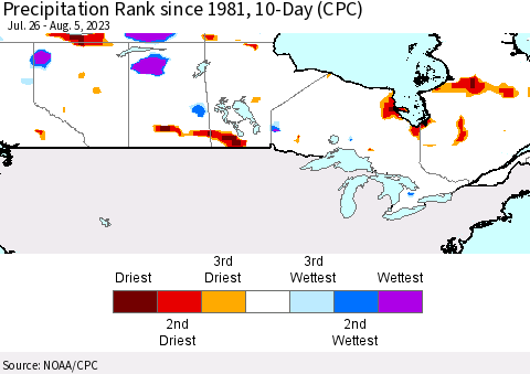 Canada Precipitation Rank since 1981, 10-Day (CPC) Thematic Map For 7/26/2023 - 8/5/2023