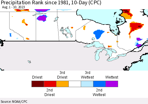 Canada Precipitation Rank since 1981, 10-Day (CPC) Thematic Map For 8/1/2023 - 8/10/2023