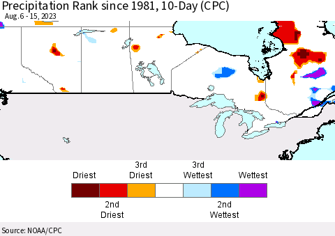 Canada Precipitation Rank since 1981, 10-Day (CPC) Thematic Map For 8/6/2023 - 8/15/2023